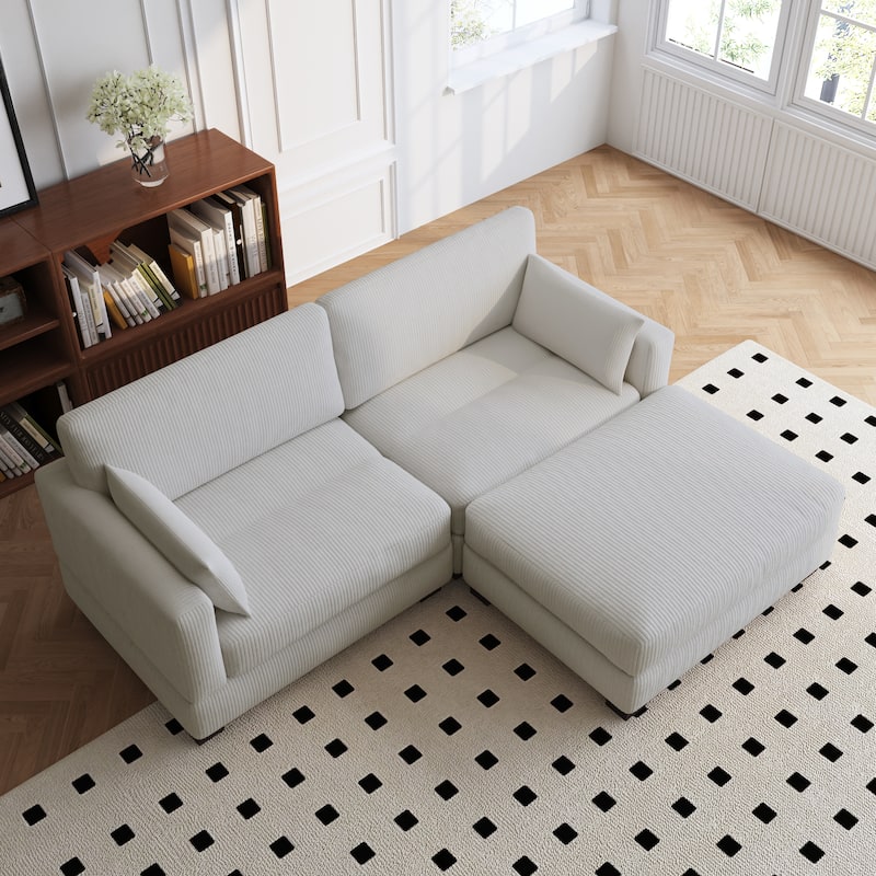 84'' L-Shaped Corduroy Comfy Couch Modular Sectional Sofa With Ottoman