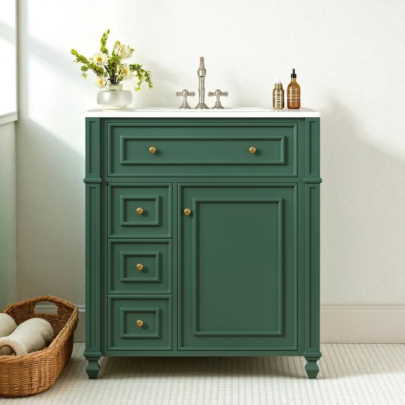 30" Bathroom Vanity with Ceramic Sink Basin, Soft Close Doors, Adjustable Shelf and Door Organizer Cabinet - Green