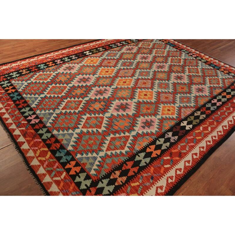 Trellis Kilim Oriental Area Rug Hand-Woven Wool Carpet - 7'10"x 9'10"