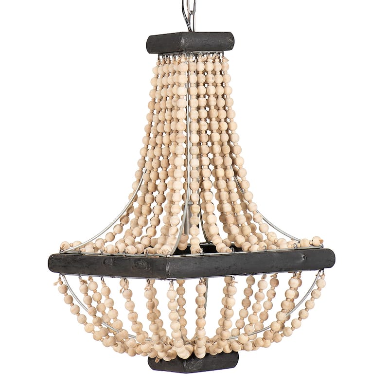 Wood & Metal Framed Chandelier with Wood Bead Draping - Beige