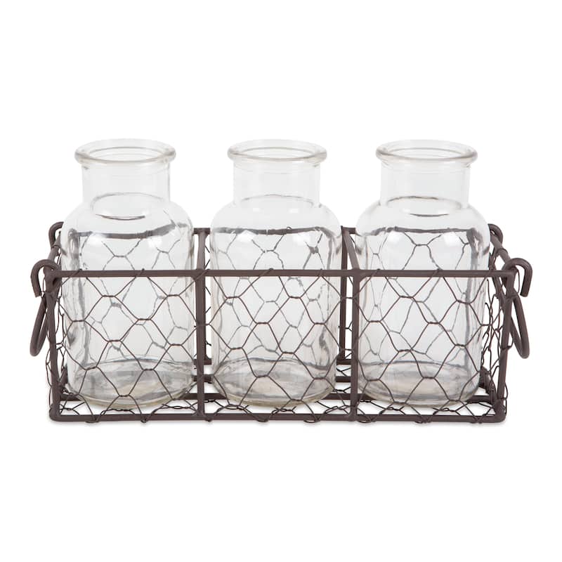 DII Vintage Grey Chickenwire Flatware Caddy With Clear Jars