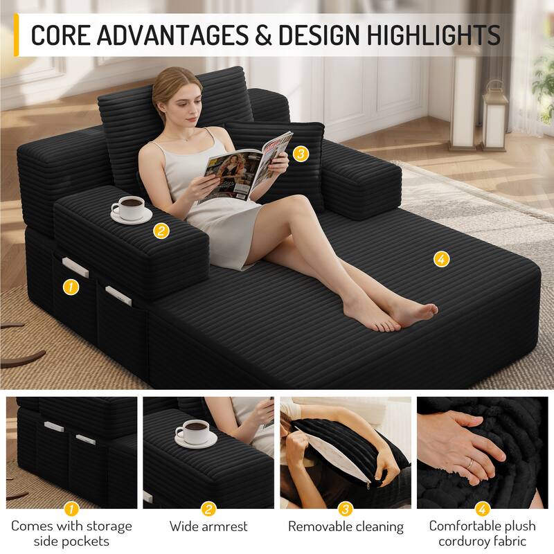 Luxurious Plush Corduroy Chaise Lounge Convertible Sofa Bed with Storage Pocket and Wide Armrests