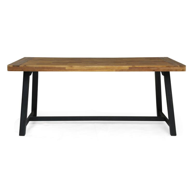 7 Piece Outdoor Patio Dining Table Set Acacia Wood Rectangular Dining Table with 6 Removable Cushions Arm Chairs
