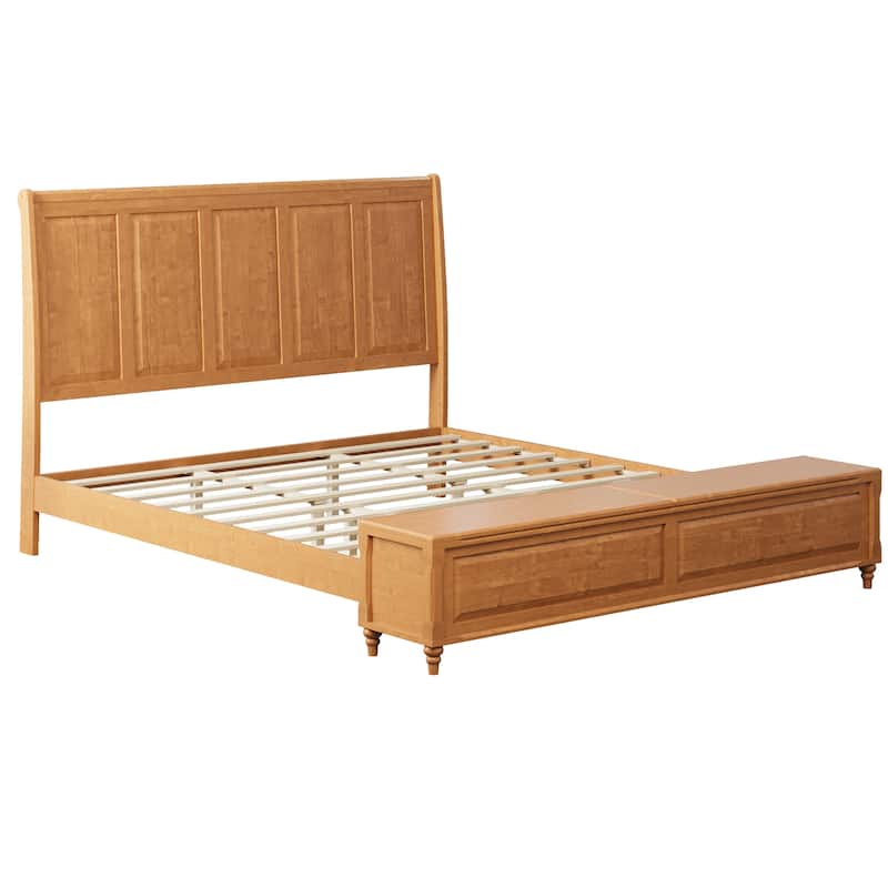 GDFStudio - Traditional Solid Wood Sleigh Bed Frame with High Paneled Headboard & Storage Chest Bench, No Box Spring Needed