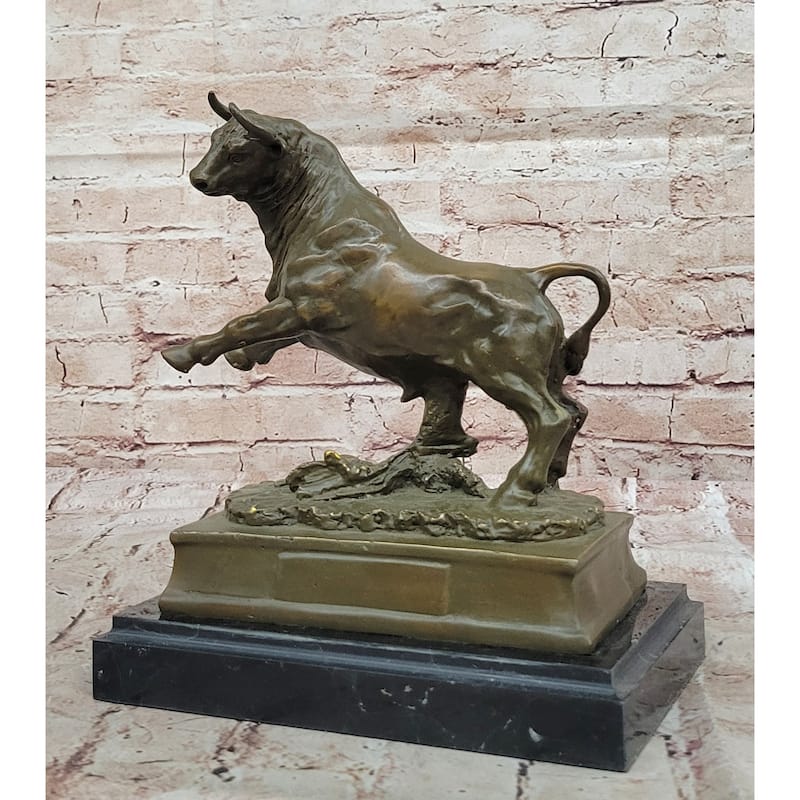 Charging Rearing Imitative Bull Bronze Sculpture On Marble Base Signed Milo