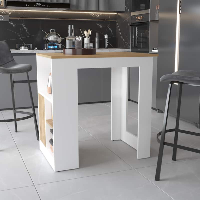 Aurora Kitchen Island with Open Compartment and Cabinet in White and Macadamia
