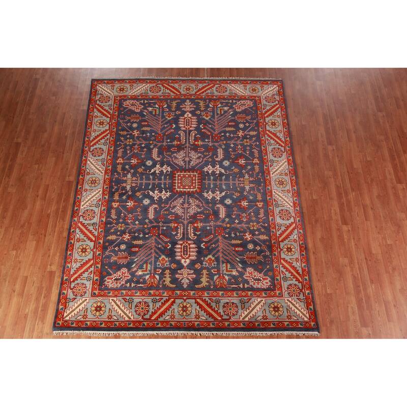 Hand Knotted Oriental 100% Wool Carpet Transitional All-Over Navy Blue & Blues Oushak Area Rug - 9' 11'' X 7' 9''