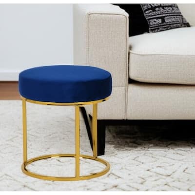 HomeRoots 16" Blue Velvet And Gold Round Footstool Ottoman