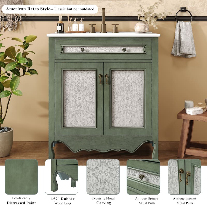 Bathroom Vanity with Ceramic Sink, Bathroom Cabinet with One Flip Drawer and Two Doors, Restroom Vanity with Adjustable Shelf
