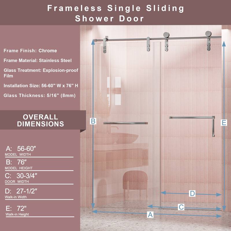 56-60"W x 76"H Single Sliding Glass Shower Door