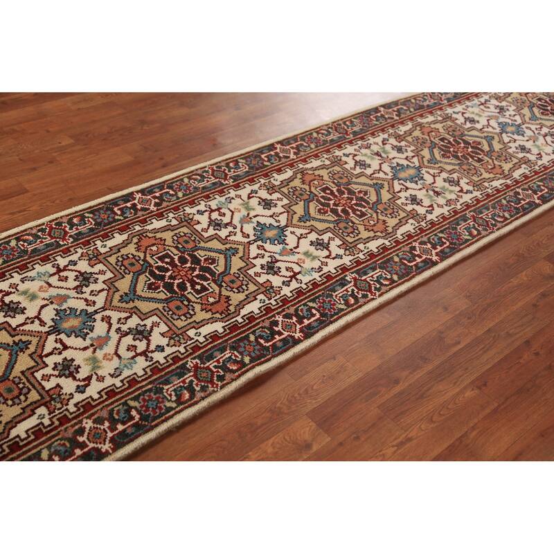 Geometric Heriz Serapi Indian Runner Rug Handmade Wool Carpet - 2'6"x 13'10"