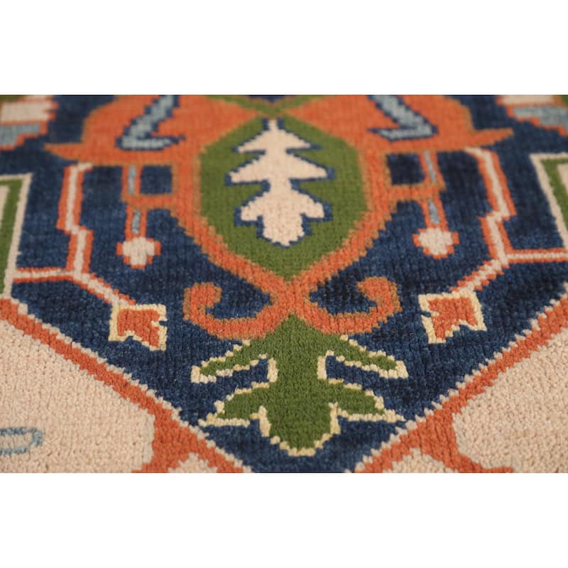 Peach Geometric Heriz Serapi Indian Area Rug Hand-Knotted Wool Carpet - 8'11" x 11'8"
