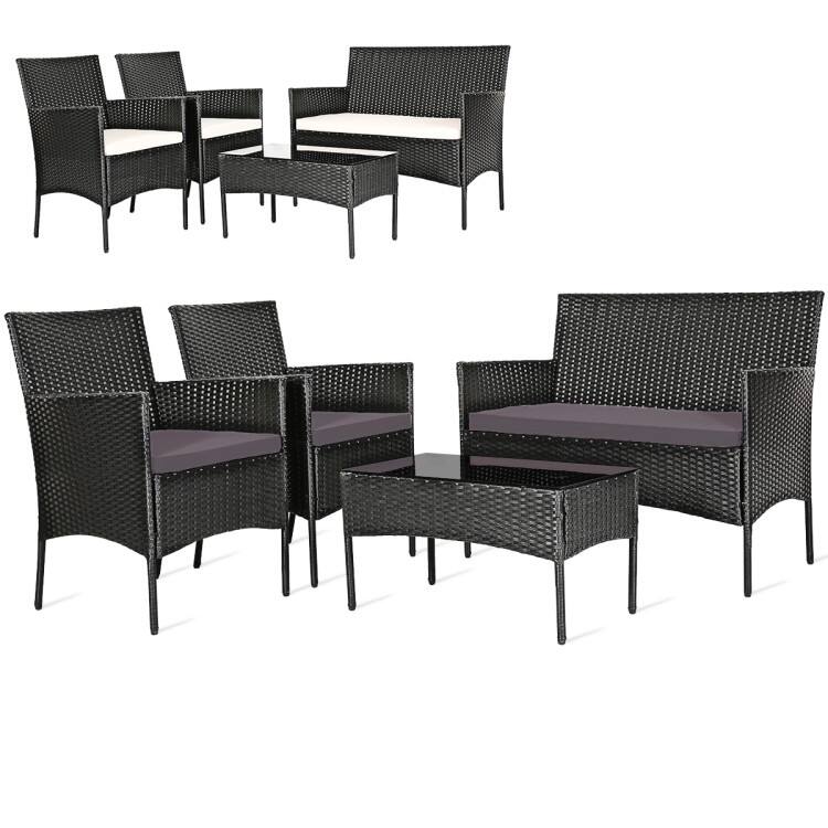 4 Pieces Patio Rattan Cushioned Sofa Set with Tempered Glass Coffee Table - 24" x 23.5" x 33" (L x W x H)