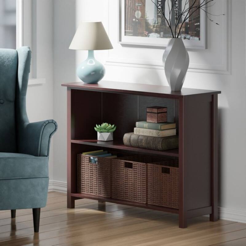 Storage Shelf with 3 Foldable Woven Baskets - 39" - Walnut Finish - 4 Pc