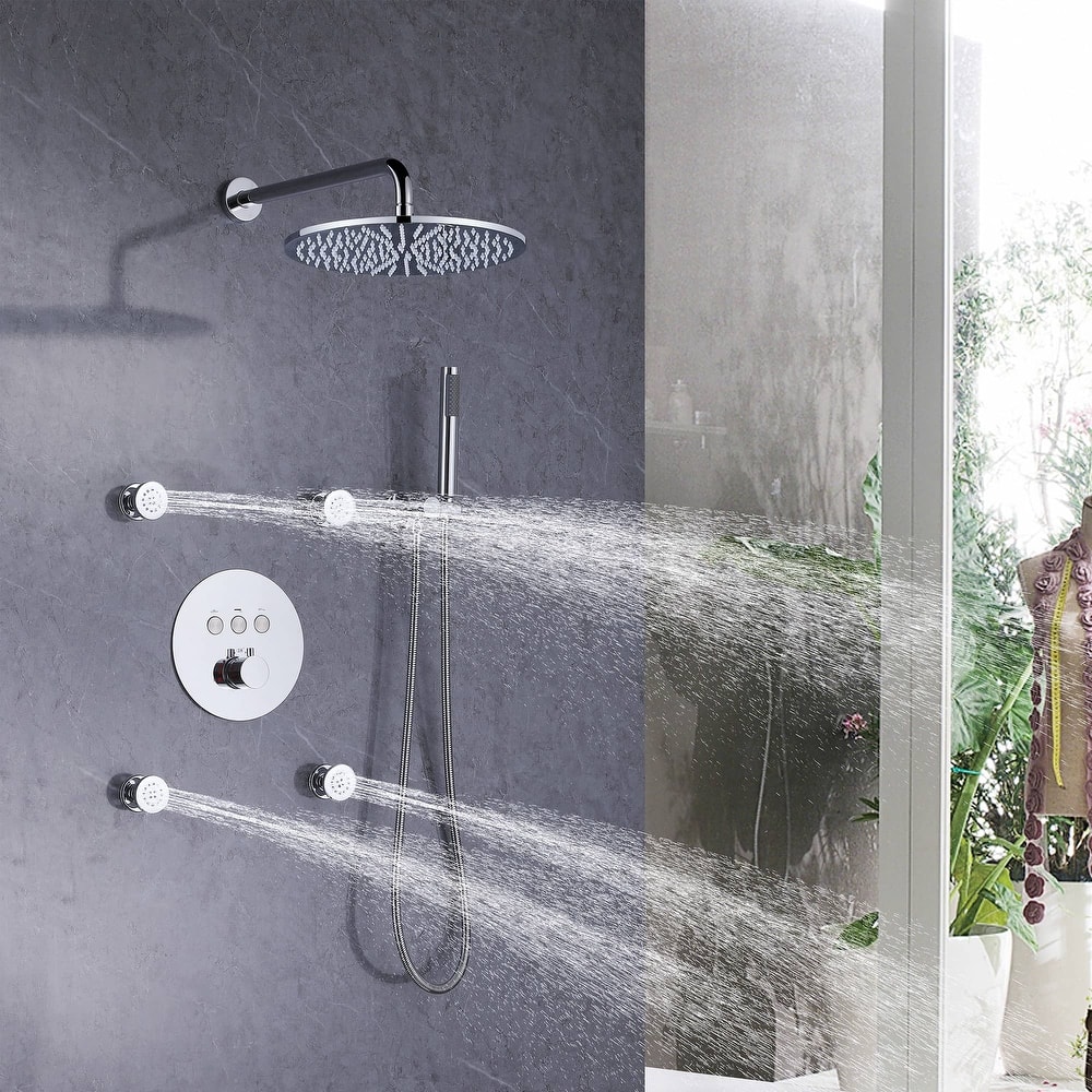 Thermostatic Shower System With Rough-in Valve Wall Mount Shower Faucet With Body Jet And Hand Shower 12 Inch Shower Head Set