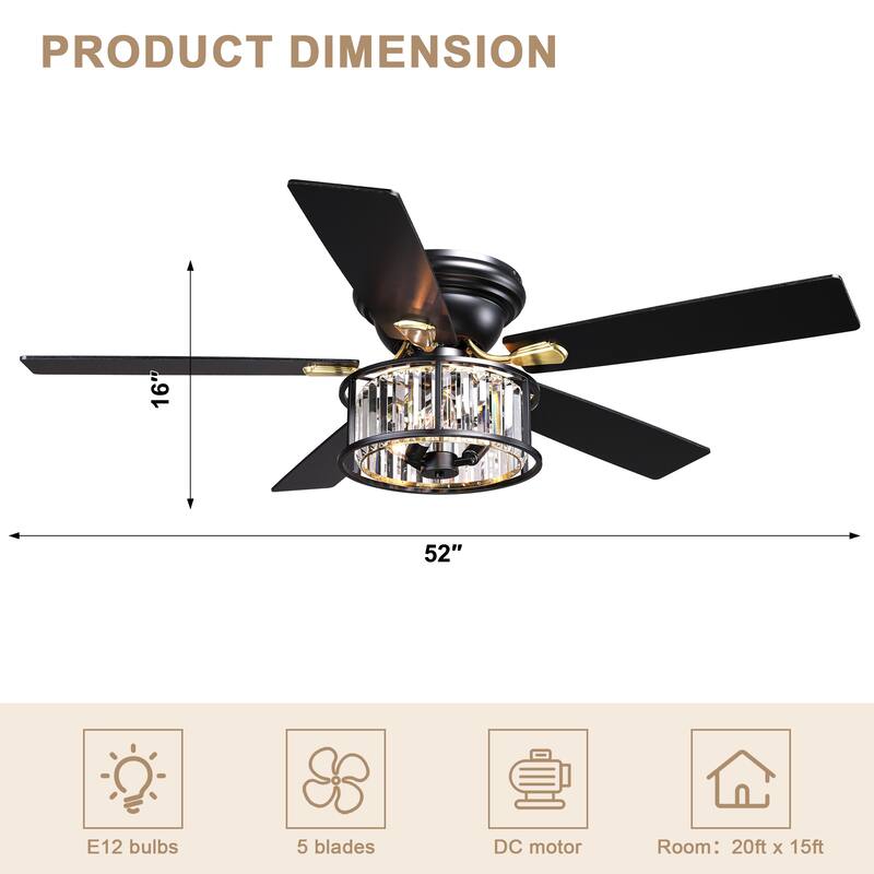 Bella Depot 52" Modern Flush Mount Ceiling Fan with Light and Remote Control 6-speed Glass Caged Shade - 52 Inches