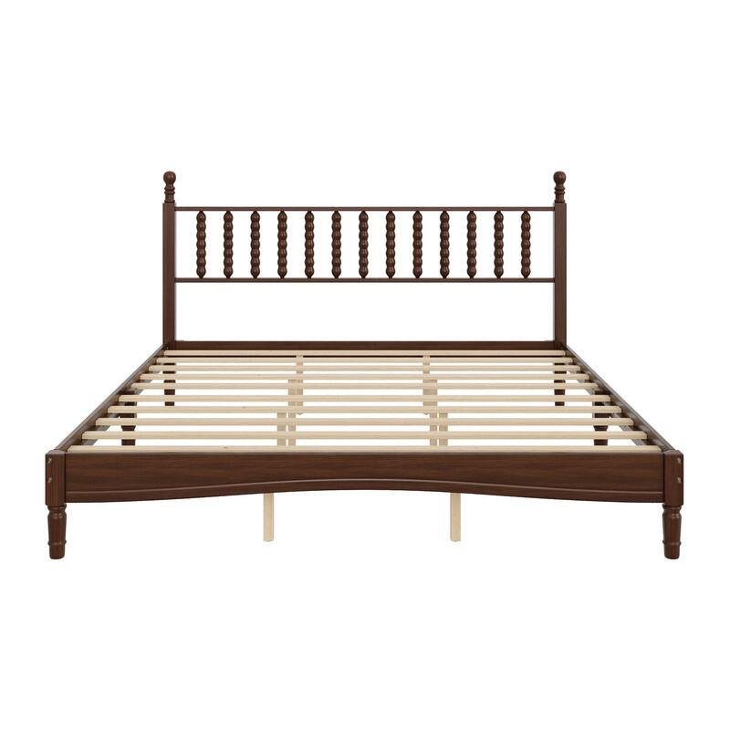 King Size Wood Platform Bed with Gourd Shaped Headboard, Slat Support