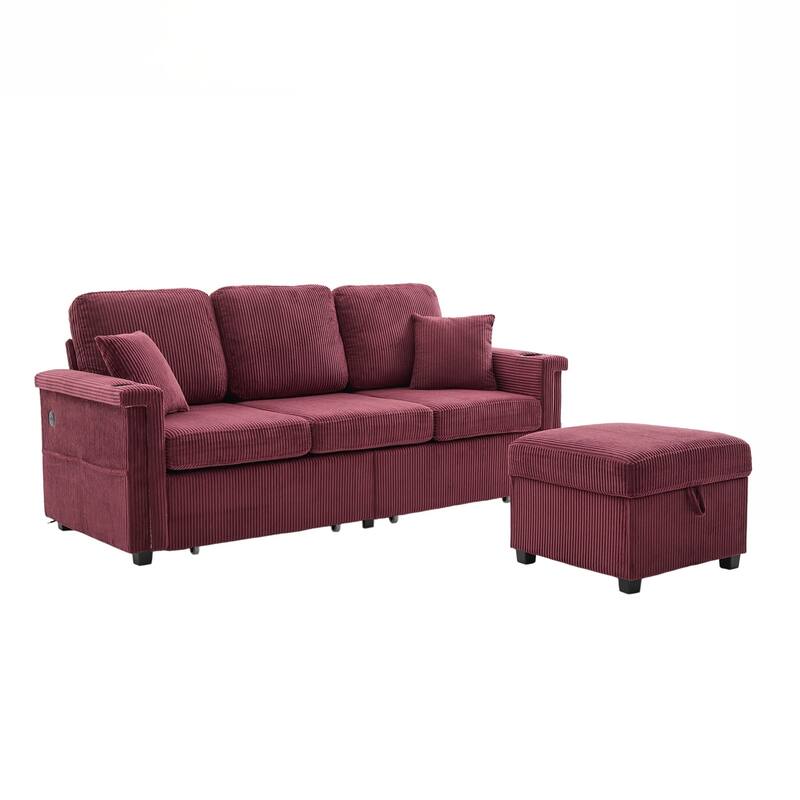 L-Shaped Sectional Sofa with Pull-Out Storage,Ottoman & Pillows 3-Seat with USB Charging,Cup Holder, Convertible Design