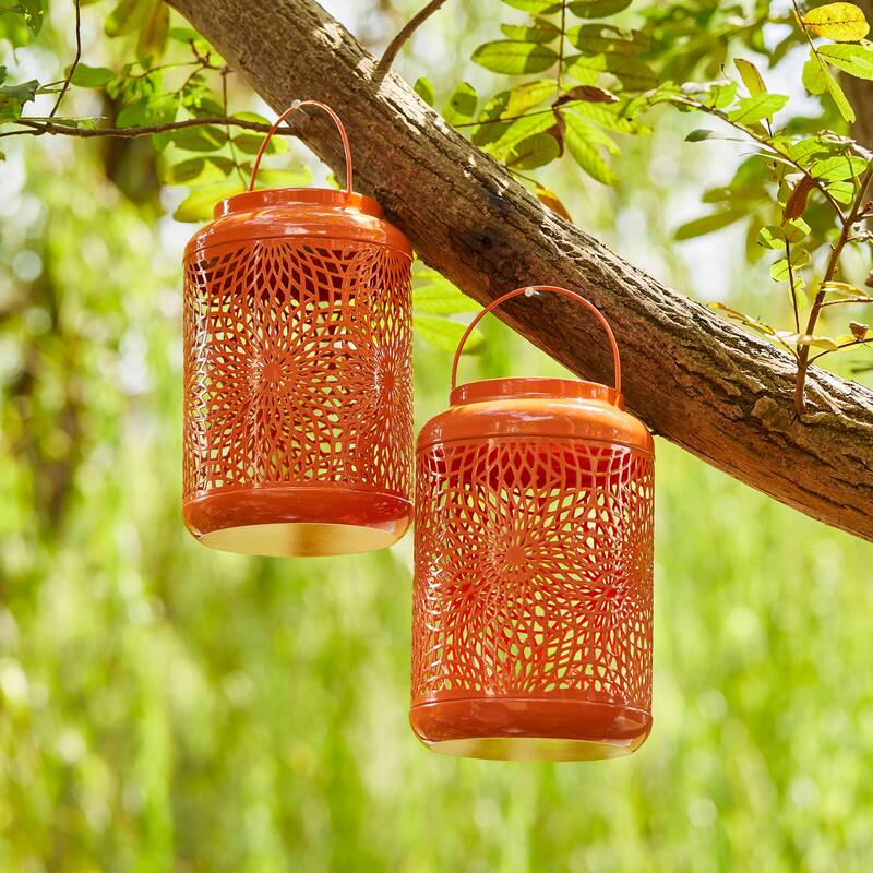 Glitzhome Set of 2 Metal Cutout Solar LED Outdoor Waterproof Hanging Lanterns