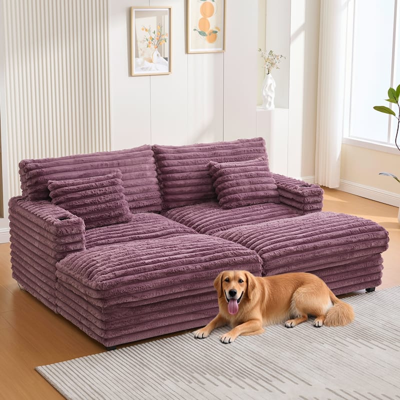 83.5" Oversized Double Chaise Sofa Bed - Plush Cloud Couch w/ USB Ports, Cup Holders & 2 Pillows, Upholstered Sleeper