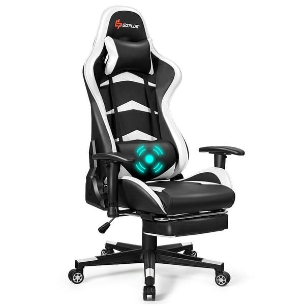 Massage Gaming Chair Racing Recliner w//Lumbar Support /&Footrest Office White