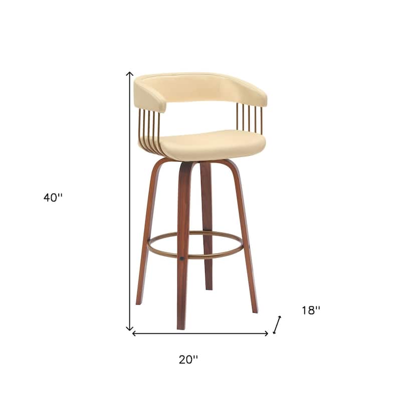 31" Cream And Wood Brown Faux Leather Swivel Bar Height Bar Chair