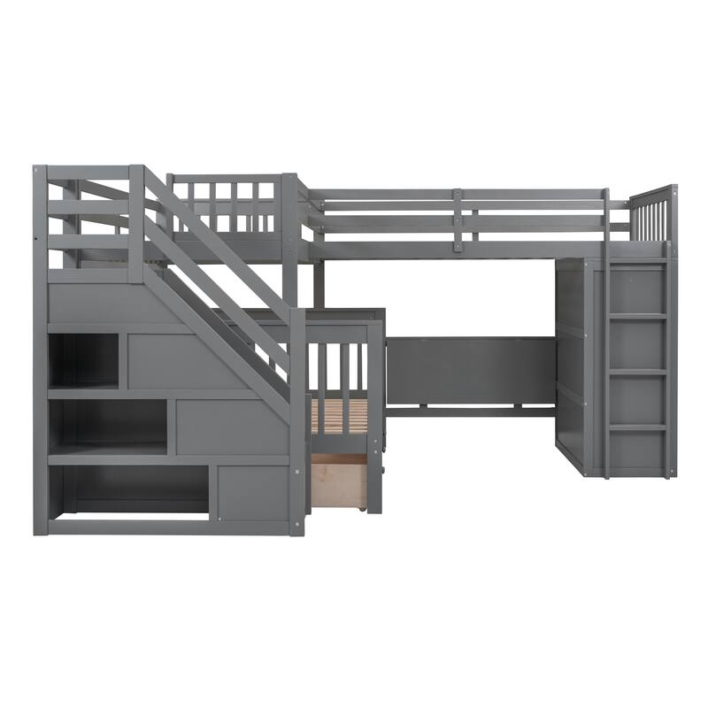 L-Shaped Bunk Bed, Twin-Twin Over Full Wood Bed with Wardrobe, Foldable Desk, Drawers and Shelves