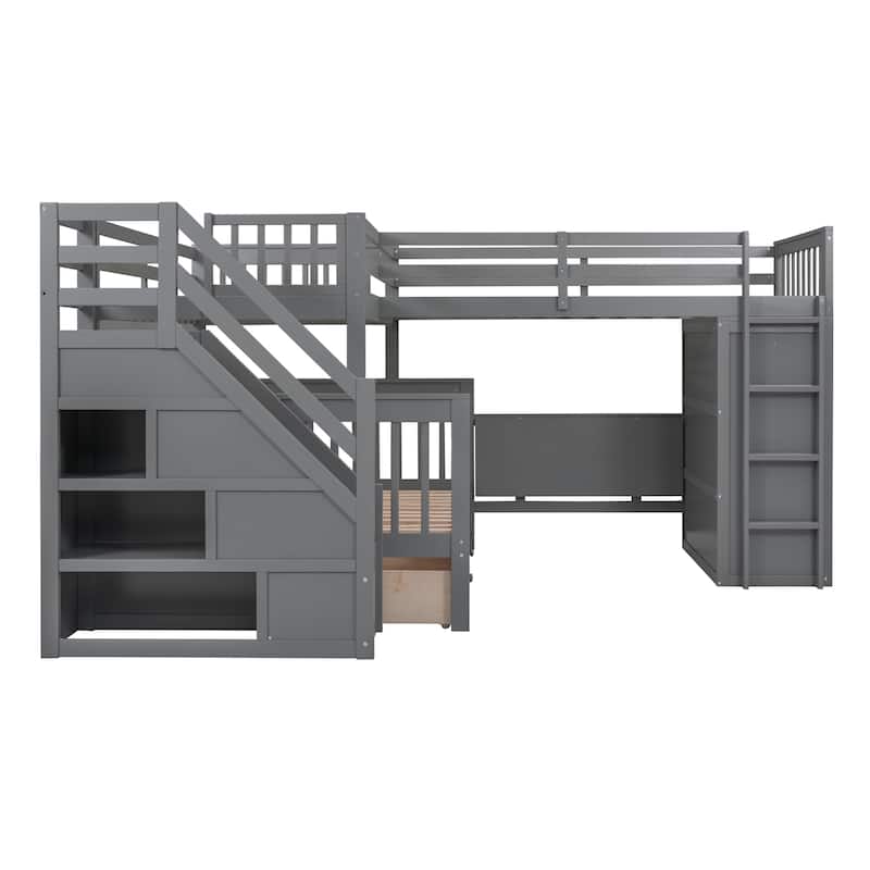L-Shaped Twin-Twin Over Full Bunk Bed with Drawers, Desk, and Wardrobe in Gray