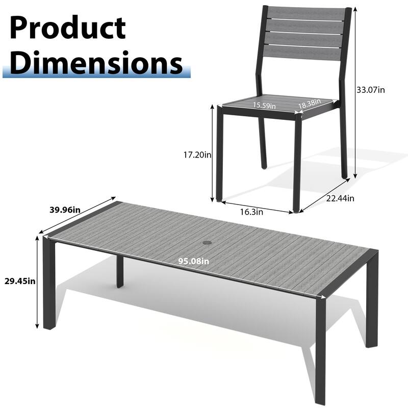 9-Piece Outdoor Patio Dining Set Wood Like Table Top Aluminum Rectangular Umbrella Hole Table with Stackable Dining Chairs