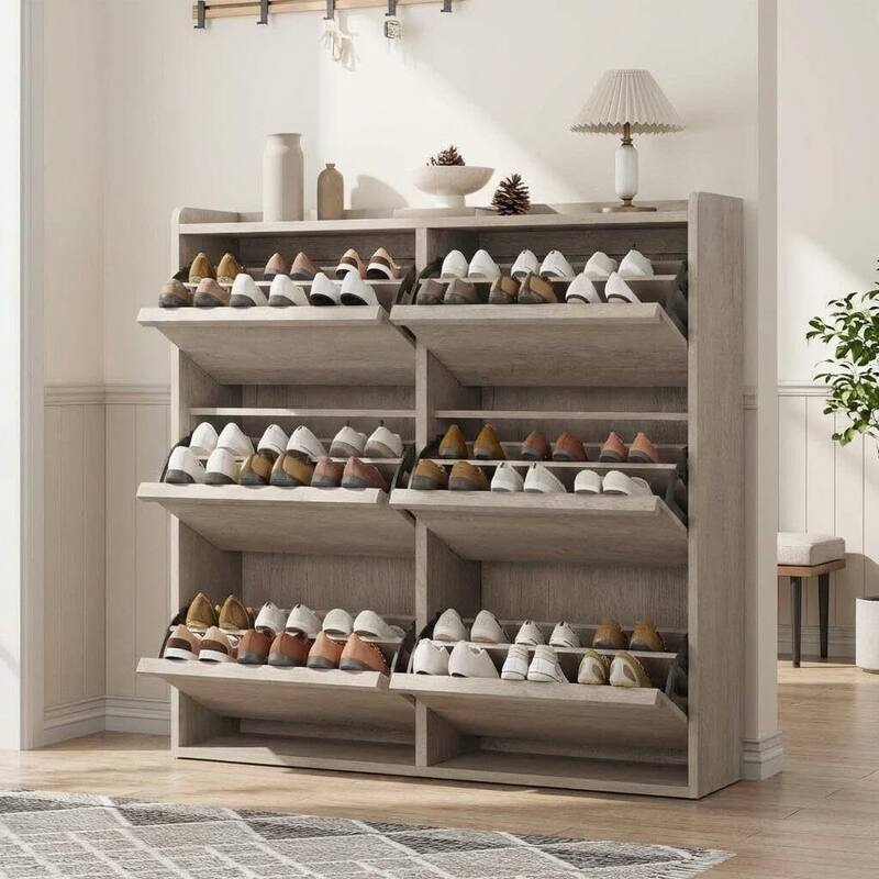 Narrow Shoe Cabinet Organizer with 6 Flip Drawers for Entryway, Hallway, Living Room - Grey