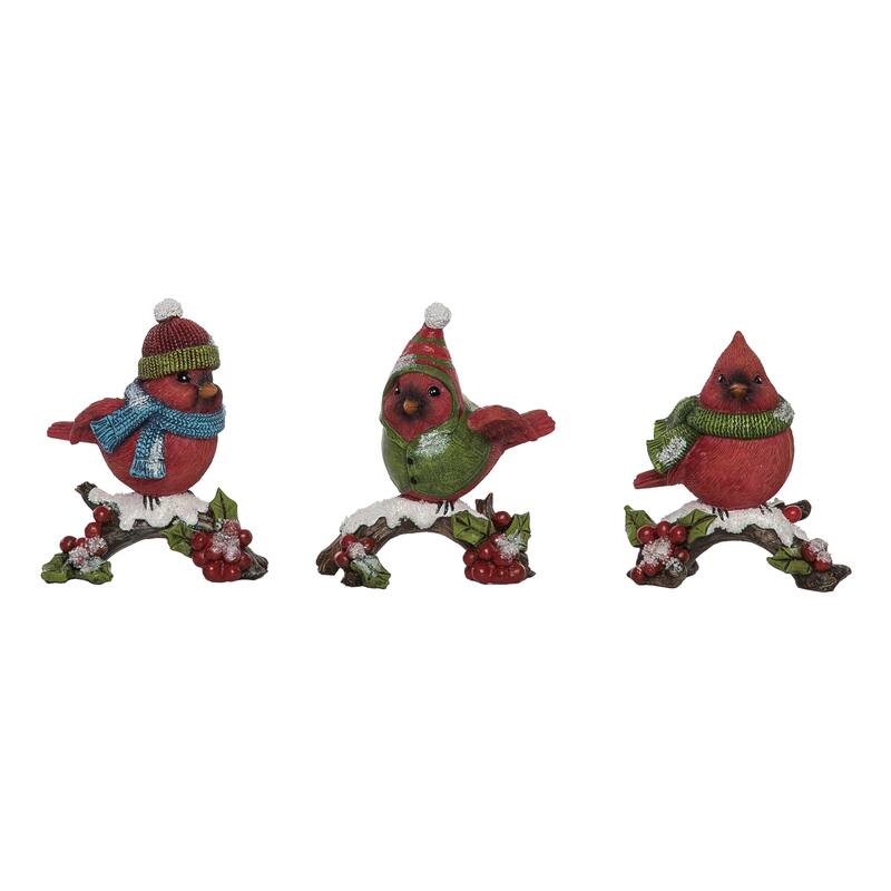 Transpac Resin Bundled Up Cardinal On Branch Figurine set of 3 Christmas Home Decorations