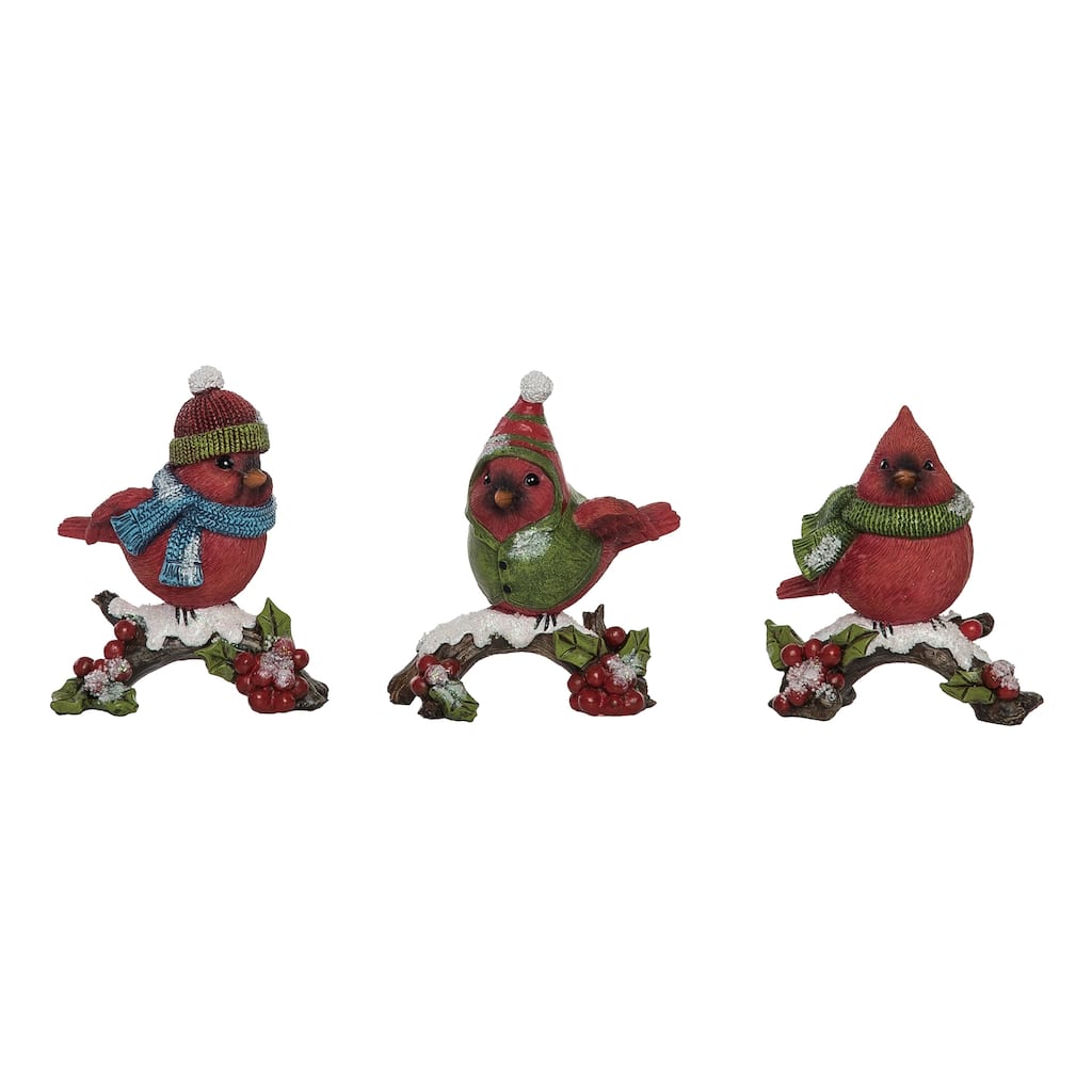 Transpac Resin Bundled Up Cardinal On Branch Figurine set of 3 Christmas Home Decorations