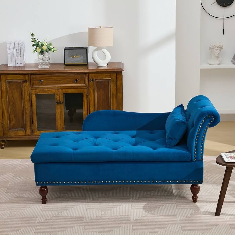 Velvet Chaise Lounge with a Storage Function, Tufted Cushions & Nailheads