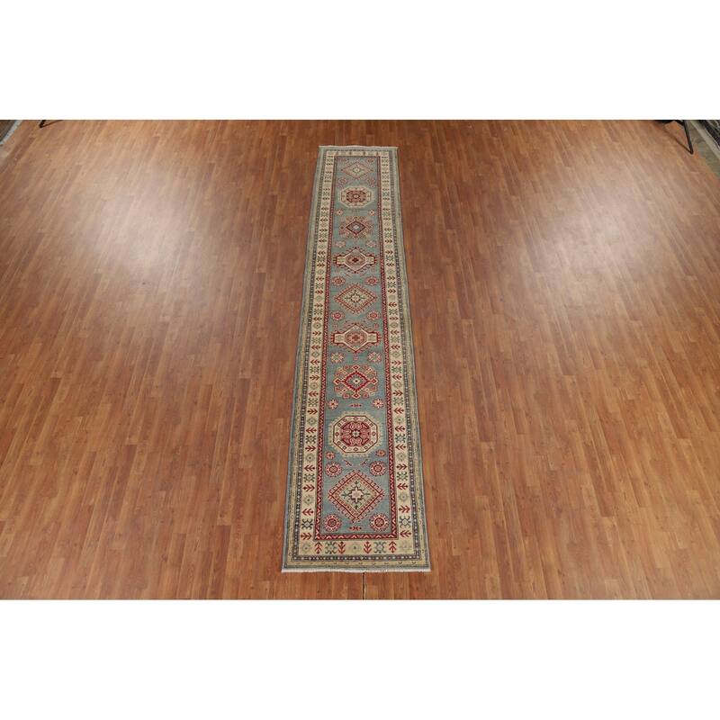 Light Blue Kazak Runner Rug Hand-Knotted Geometric Wool Carpet - 2'7" x 13'1"