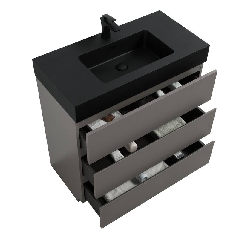 GDFStudio - Alice Walnut Freestanding Bathroom Vanity with One-Piece Matte Black Sink, Modern Handle-Free Design, Pre-Assembled