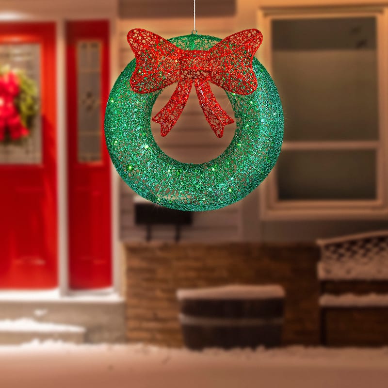 24" LED Green Glitter Wreath with Red Bow Outdoor Christmas Decoration