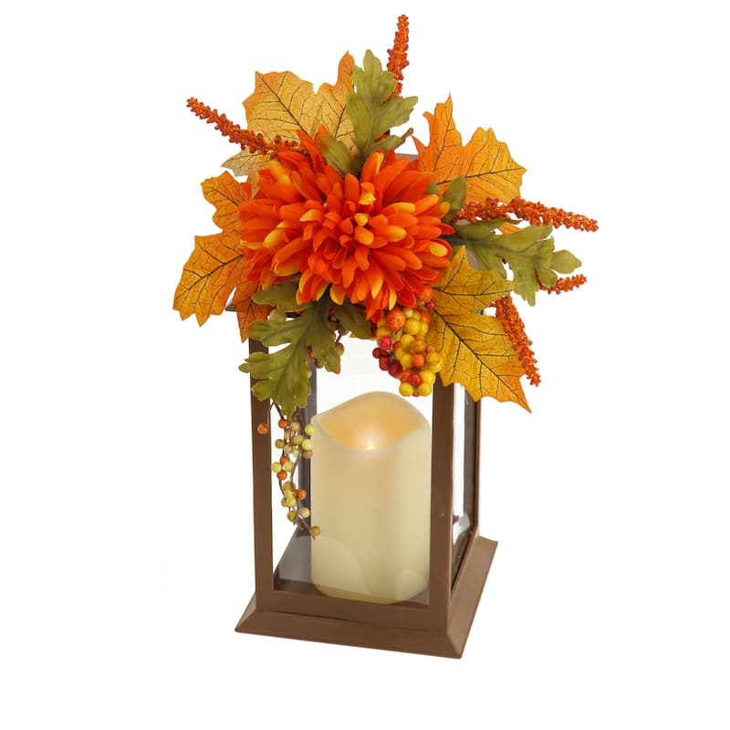 National Tree Company 14 in. Mum Flower and Berries Decorated Harvest Lantern - 14 in