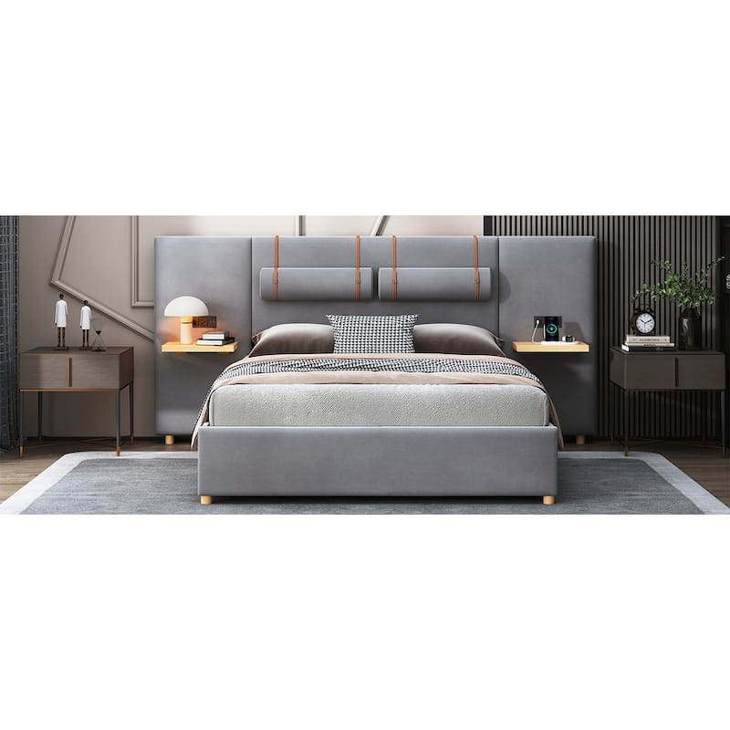 Queen Upholstered Platform Bed with Two Outlets and USB Charging Ports on Both Sides