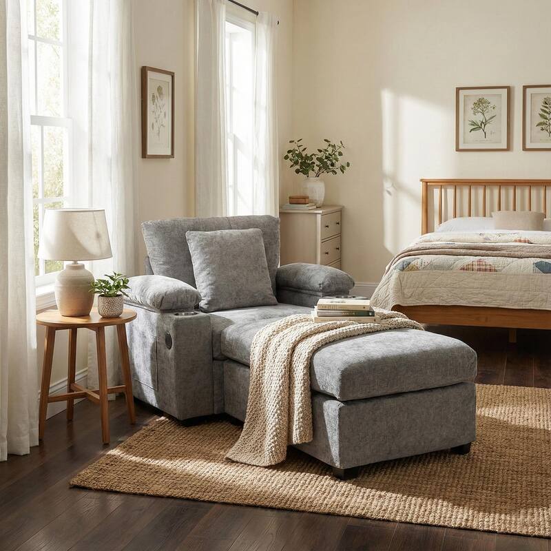 GDFStudio - Ethan Blake Oversized Chenille Chair Bed with Ottoman, Storage & USB Charging for Lounge & Apartment Living