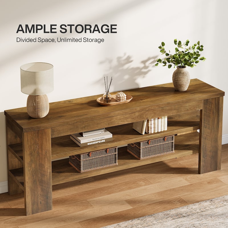47'' Rustic Brown Wood 3-Tier TV Stand with Open Storage, Shoe Bench, Entryway Bench