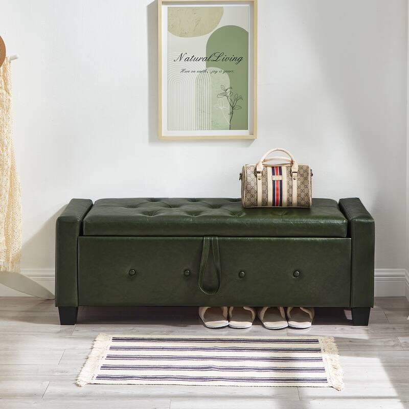 Tufted Faux Leather Storage Ottoman Bench for Bedroom, Living Room & Hallway, 48" Multifunctional Upholstered End of Bed Bench
