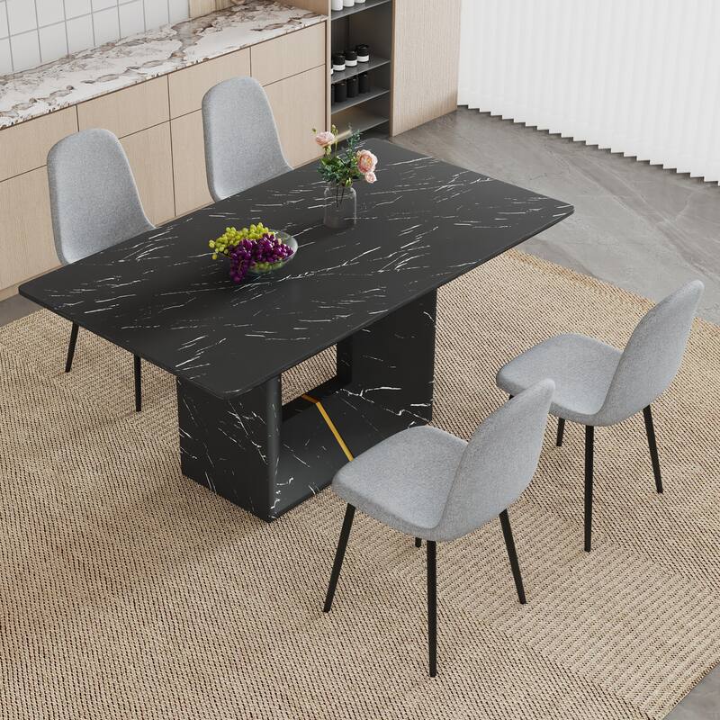Modern Dining Table Set with Marble Pattern Top, O-Shaped Legs, Waterproof Cat Paw Leather Chairs, Non-Slip Feet - Black,Light Gray
