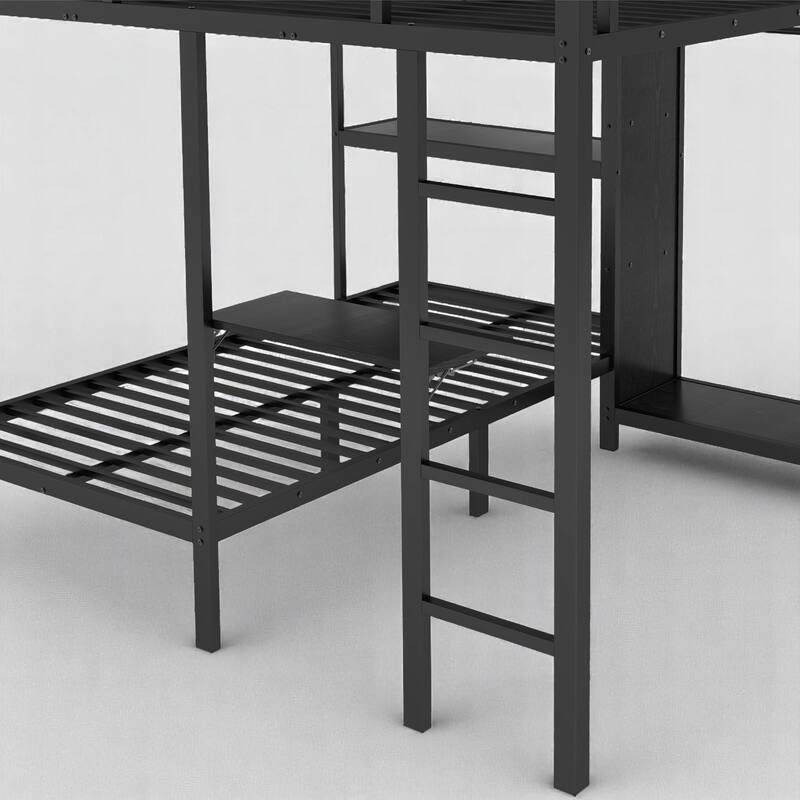 King Over Twin XL Metal Bunk Bed with Wardrobe, Foldable Side Desk & Shelf ,Space-Saving Loft Design with Storage for Bedroom