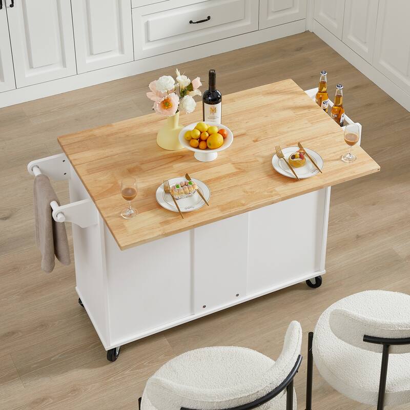 Anmytek White Rolling Kitchen Cart with Bamboo Top Drop Leaf Mobile Island Storage for Small Spaces