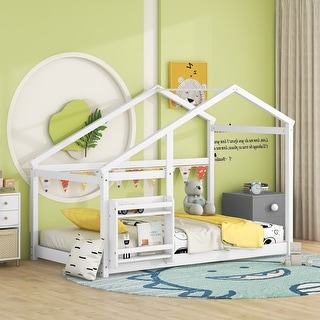 White Twin Size Wooden House Floor Bed with Shelf and Roof for Kids, Boys and Girls