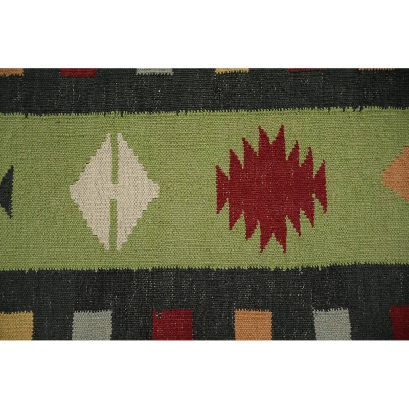 Hand Woven Oriental 100% Wool Carpet Southwestern Tribal Green Kilim Area Rug - 13' 2'' X 8' 7''