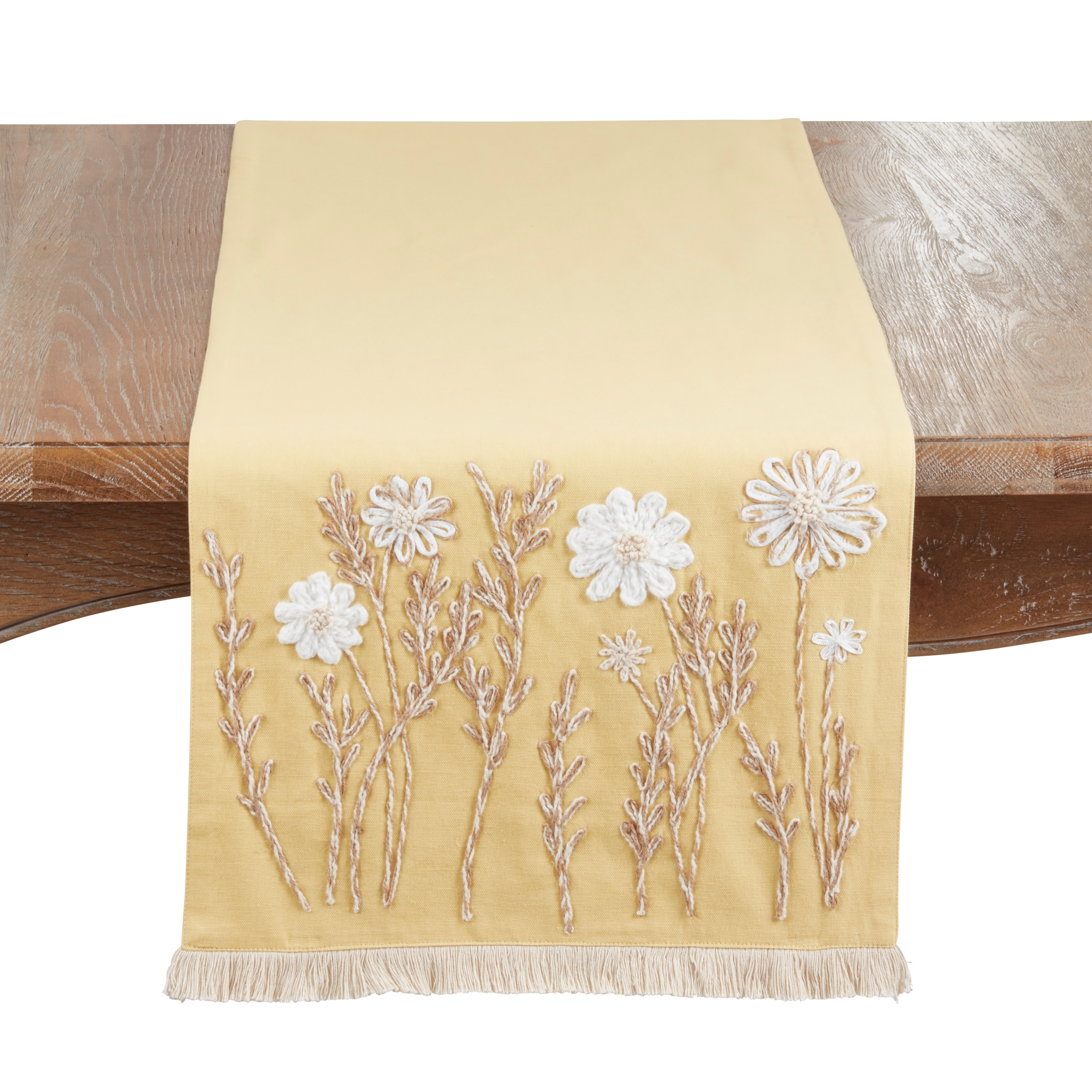 Embroidered Floral Table Runner - Lined Decorative Table Runner with Fringe for Dining & Console Tables, 16"x72"
