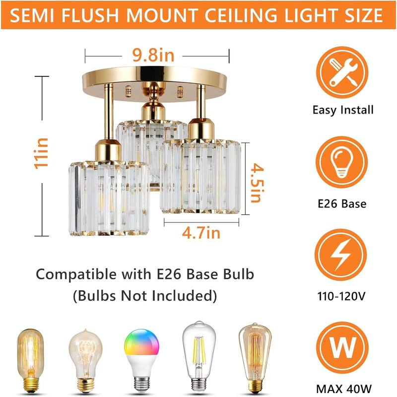 Semi Flush Mount Ceiling Light, Kitchen Ceiling Light Fixtures, Three Light Golden Ceiling Lighting for Entryway Stairway