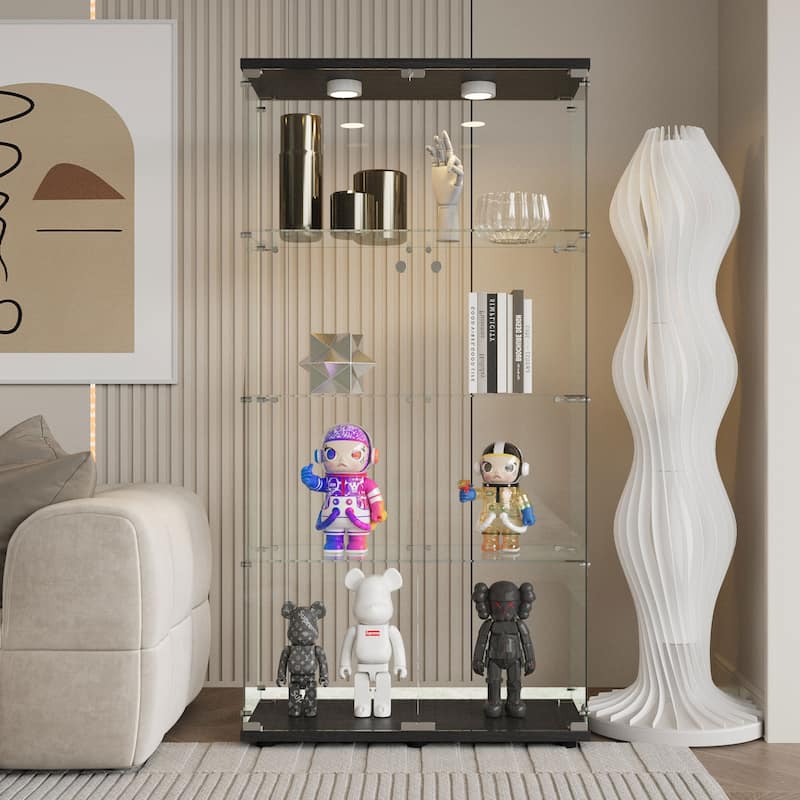 Tempered Glass Display Cabinet w/Multi-Color LED Lights, Door Lock & Adjustable Floor Feet for Flexible Placement