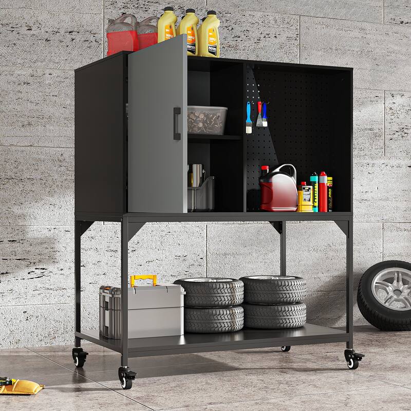 Industrial Metal Storage Cabinet with Pegboard, Adjustable Shelves and Wheels, Garage Tool Organizer with Soft-Close Doors